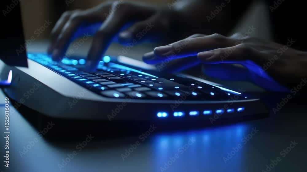Poster close up of programmer or hacker hands rapidly typing on a modern, illuminated keyboard in a dark en