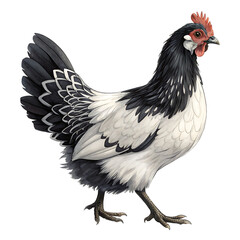 Beautiful black and white chicken standing isolated on white background perfect for farm animal illustrations poultry farming and stock imagery showcasing the elegance and details of this domestic bir