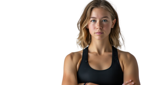 Portrait of confident young athlete woman posing with crossed arms on transparent background