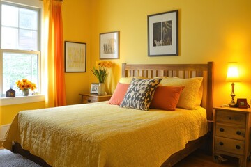 Fototapeta premium Sunny yellow bedroom with wooden bed, orange accents, and natural light.