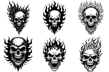 Set of Flaming Skull Svg & PNG Files, Biker Clipart Silhouette Vector Image, For T shirt Design Transparent Background print Laser Engraving