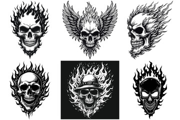 Set of Flaming Skull Svg & PNG Files, Biker Clipart Silhouette Vector Image, For T shirt Design Transparent Background print Laser Engraving