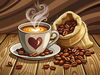vector of  Cup of coffee with heart shape smoke and coffee beans on burlap sack on old wooden background