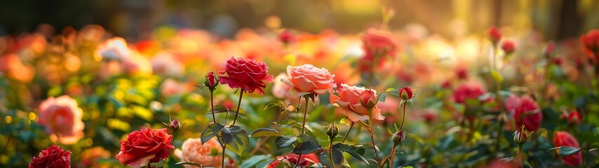 Vibrant rose garden in full bloom with warm sunlight