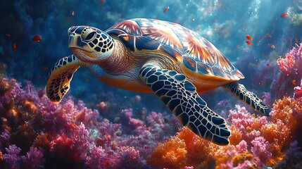 Obraz premium Colorful underwater world featuring majestic turtle high resolution image