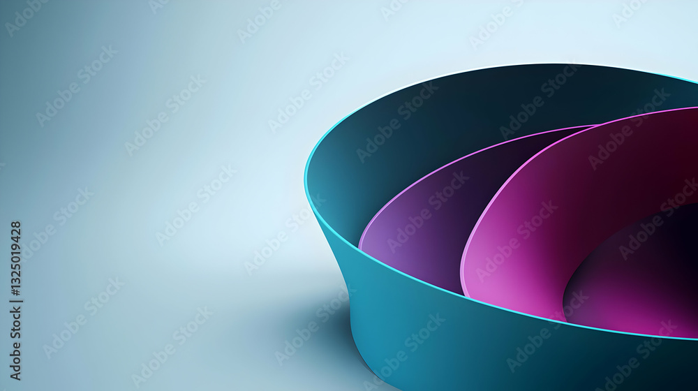 Poster abstract 3d render of teal and purple intertwined curved shapes on a gradient background with pixela