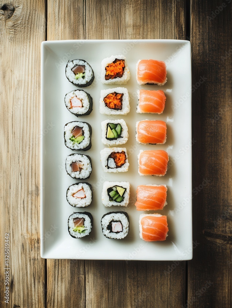 Aufkleber perfectly arranged sushi platter featuring spicy tuna and assorted rolls displayed on a wooden table