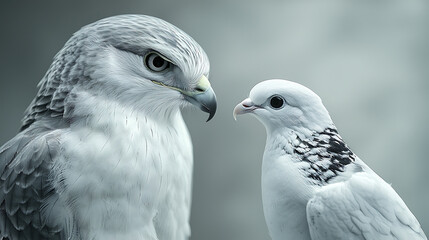 A hawk and a pigeon side-by-side the hawk looking intensely at the smaller white bird with speckled markings.