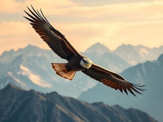 Obraz premium Majestic Bald Eagle in Flight Over Mountains, Stunning Wildlife Photography, Sky Background
