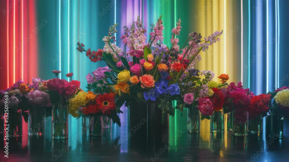 Poster multiple colorful flower arrangements stand on a reflective surface, with vibrant neon lights changi