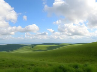 Lush Green Rolling Hills Under a Bright Blue Sky with Fluffy White Clouds, Scenic Nature Landscape View.