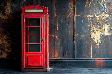 Obraz premium A classic red telephone booth stands against a distressed dark wooden wall.