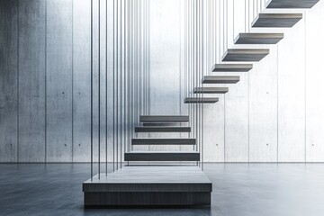 Fototapeta premium Suspended wooden staircase in modern concrete interior.