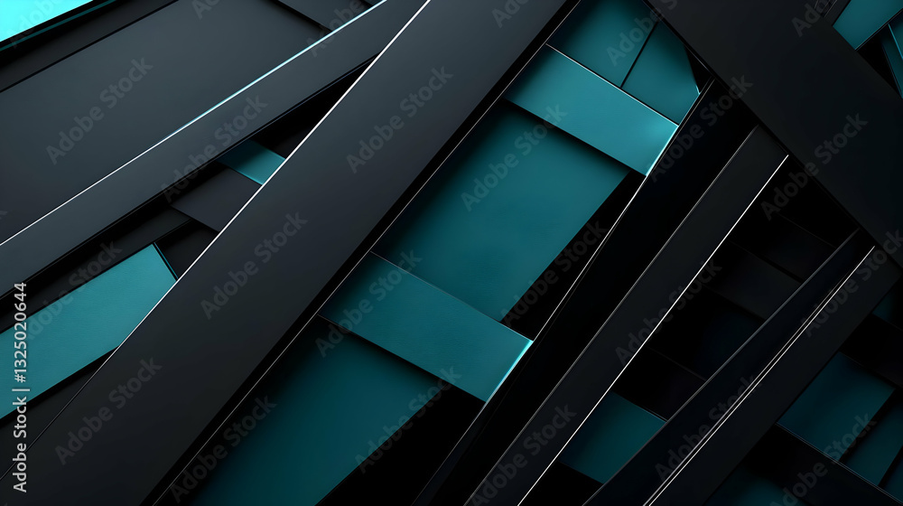 Poster 3d render of interlaced teal and black metallic stripes in a dynamic geometric pattern for a modern 