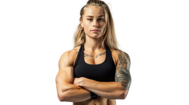 Strong female bodybuilder posing with crossed arms on transparent background - Powered by Adobe