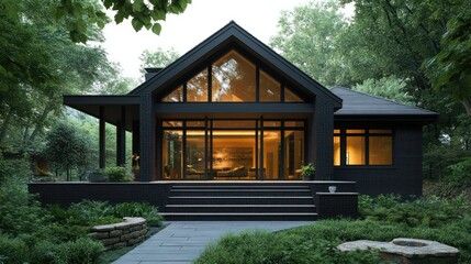 A modern black brick bungalow with an expansive front porch, surrounded by lush forest greenery