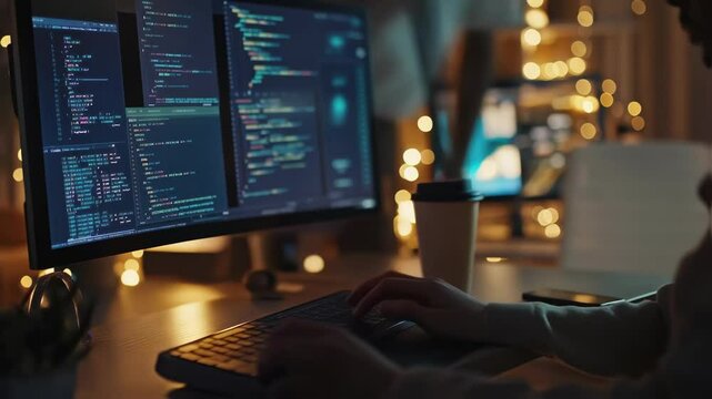 Female programmer working on a software development project, typing data code on a computer keyboard in a dark office at night, illuminated by warm string lights