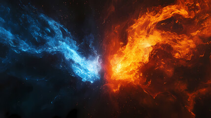 Fiery blue and orange energy wave collision on a dark background. Blazing Luminance. Illustration