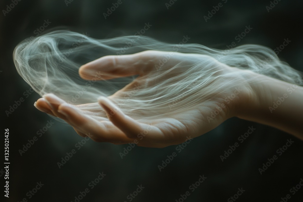 Aufkleber hand emerging from mist with glowing orange flames in a dark environment, showcasing an ethereal ble