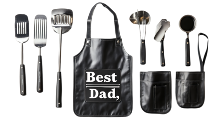 World Father’s Day PNG file transparent background – Flat vector of grilling tools and an apron labeled ‘Best Dad’
