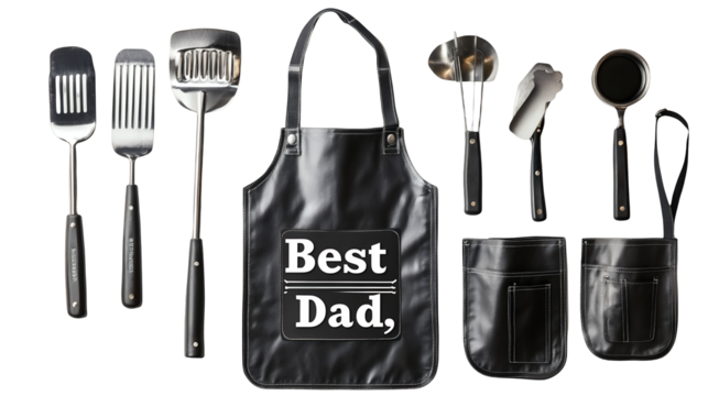 World Father’s Day PNG file transparent background – Flat vector of grilling tools and an apron labeled ‘Best Dad’