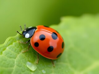 Fototapeta premium Vibrant Red Ladybug with Black Spots on Green Leaf - Nature Photography, Close-up Bug Insect