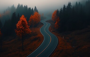 Winding Road Autumn Forest Aerial View