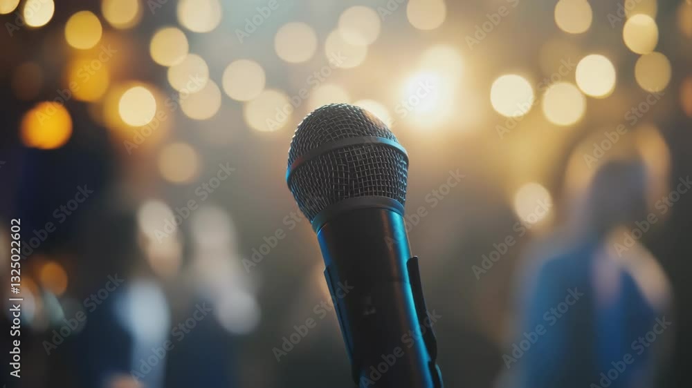 Poster black microphone stands on stage, ready for a performance, with a blurred audience and warm bokeh li