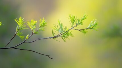 A close-up of a green branch with fresh leaves against a soft, blurred background.