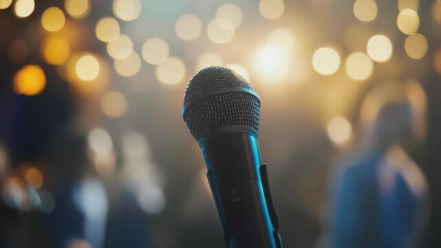 Black microphone stands on stage, ready for a performance, with a blurred audience and warm bokeh lights in the background, creating an exciting atmosphere