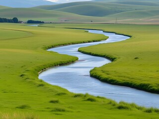 Serene Winding River Flowing Through Lush Green Rolling Hills Landscape, Nature Scenery.
