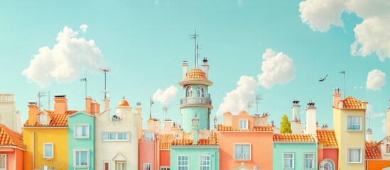 Naklejka premium Pastel Dreamland: A Row of Colorful Houses Under a Sunny Sky