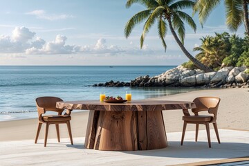 Handcrafted Walnut Table with Tranquil Beach Background for Modern Cafes and Brunch Events