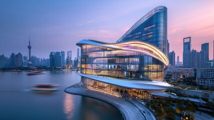 Fototapeta premium Modern architecture by the river at dusk.
