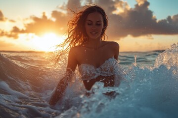 Obraz premium Woman wearing a flowing dress wades through ocean waves under a bright sky during a sunny afternoon at the beach