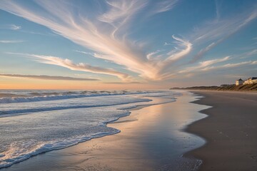Obraz premium Morning Light Over Expansive Beach with Sweeping Skies and Tranquil Surf
