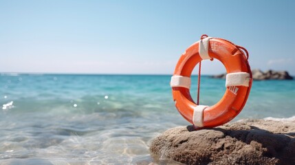 Naklejka premium Lifebuoy on the sandy beach