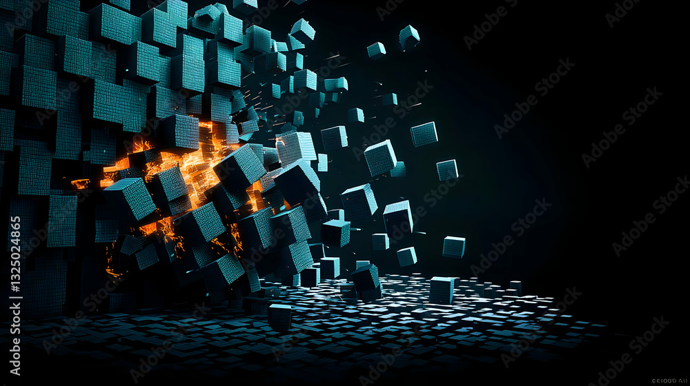 Poster abstract blue pixel cubes exploding with orange energy against dark background in digital art