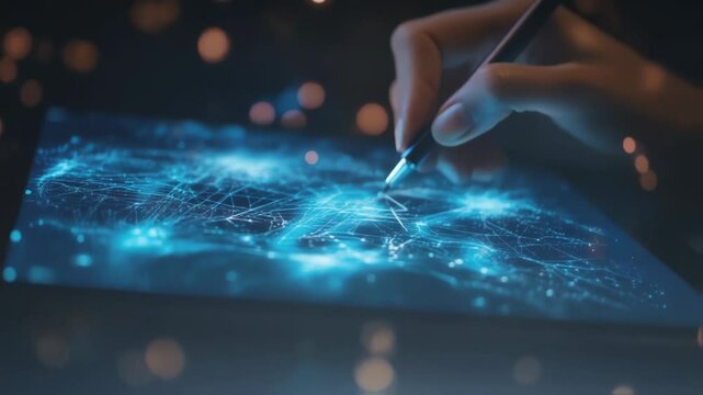 Female entrepreneur using stylus pen draws glowing blue lines representing connections and network on futuristic digital tablet, with bokeh background lights - Powered by Adobe
