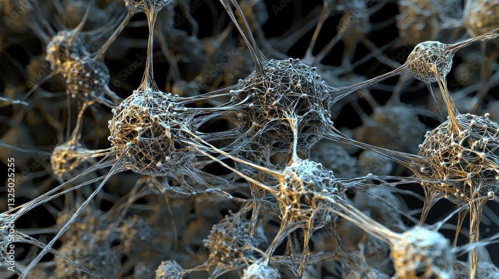 Poster microscopic view of interconnected neurons, complex neural network.