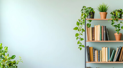 Wooden Bookshelf With Green Plants And Books Against A Pale Blue Wall Interior Design