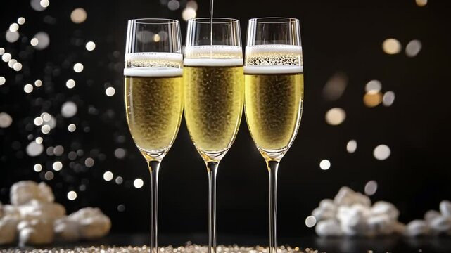 Elegant champagne flutes in celebratory atmosphere with bokeh lights and glitter
