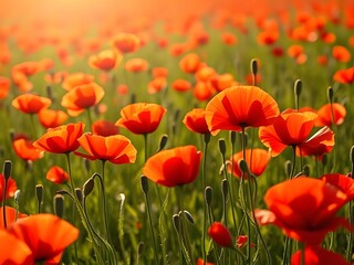 Obraz premium Stunning Field of Red Poppy Flowers in Sunlight, Nature's Beauty, Floral Landscape.