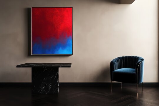 A modern minimalist interior featuring a vibrant red and blue abstract painting on a soft beige wall above an elegant black marble table with a matching velvet chair