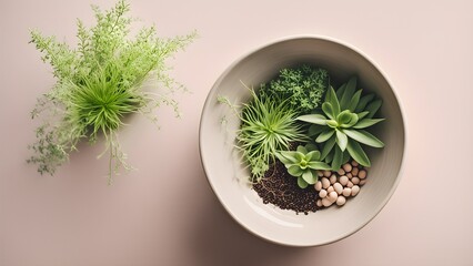 A minimalist beige bowl terrarium features various succulents, small stones, soil, creating a peaceful scene. A separate, similar plant shown left.