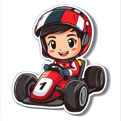 A young girl zooms around in her red race car, a fun cartoon illustration.  Get ready for the race!