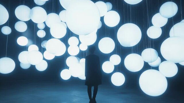 Dark silhouette of a visitor walking in an immersive art installation with many white spheres hanging from the ceiling, creating a dreamlike atmosphere