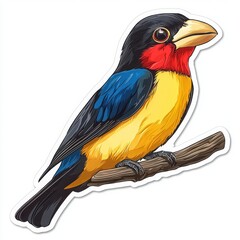 Fototapeta premium Vibrant illustration of a colorful bird perched on a branch. Its plumage features striking shades of blue, yellow, black, and red.