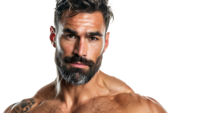 Serious male model posing showing muscular physique on transparent background