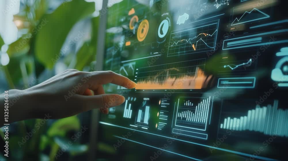 Poster businesswoman interacts with futuristic transparent touchscreen display, navigating complex data vis